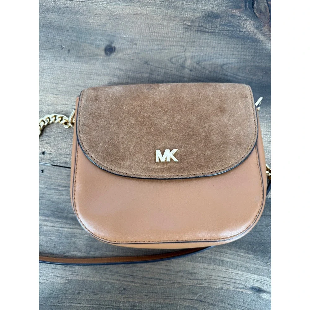 Michael Kors Tan Leather Suede Saddle Crossbody Bag Gold Chain Logo Brown Small